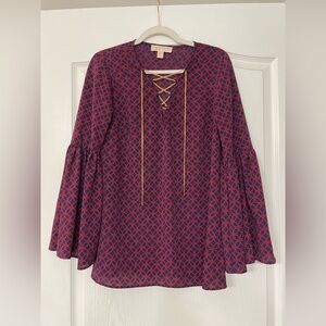 Michael Kors Red and Navy Geometric Blouse with Gold Chain